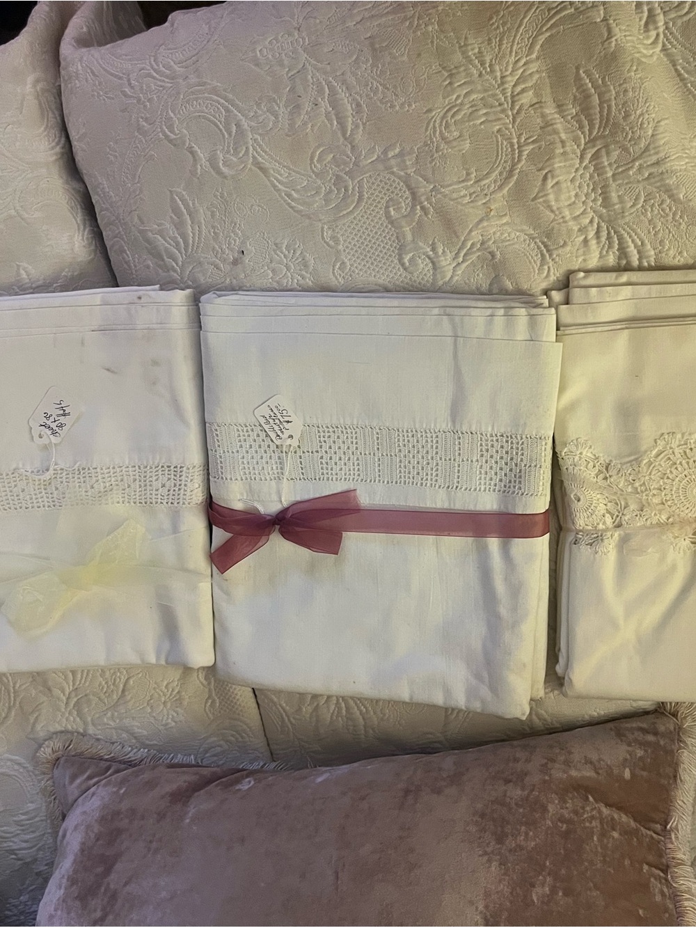 Set of 3 vintage white top sheets with detailed trim - see pictures